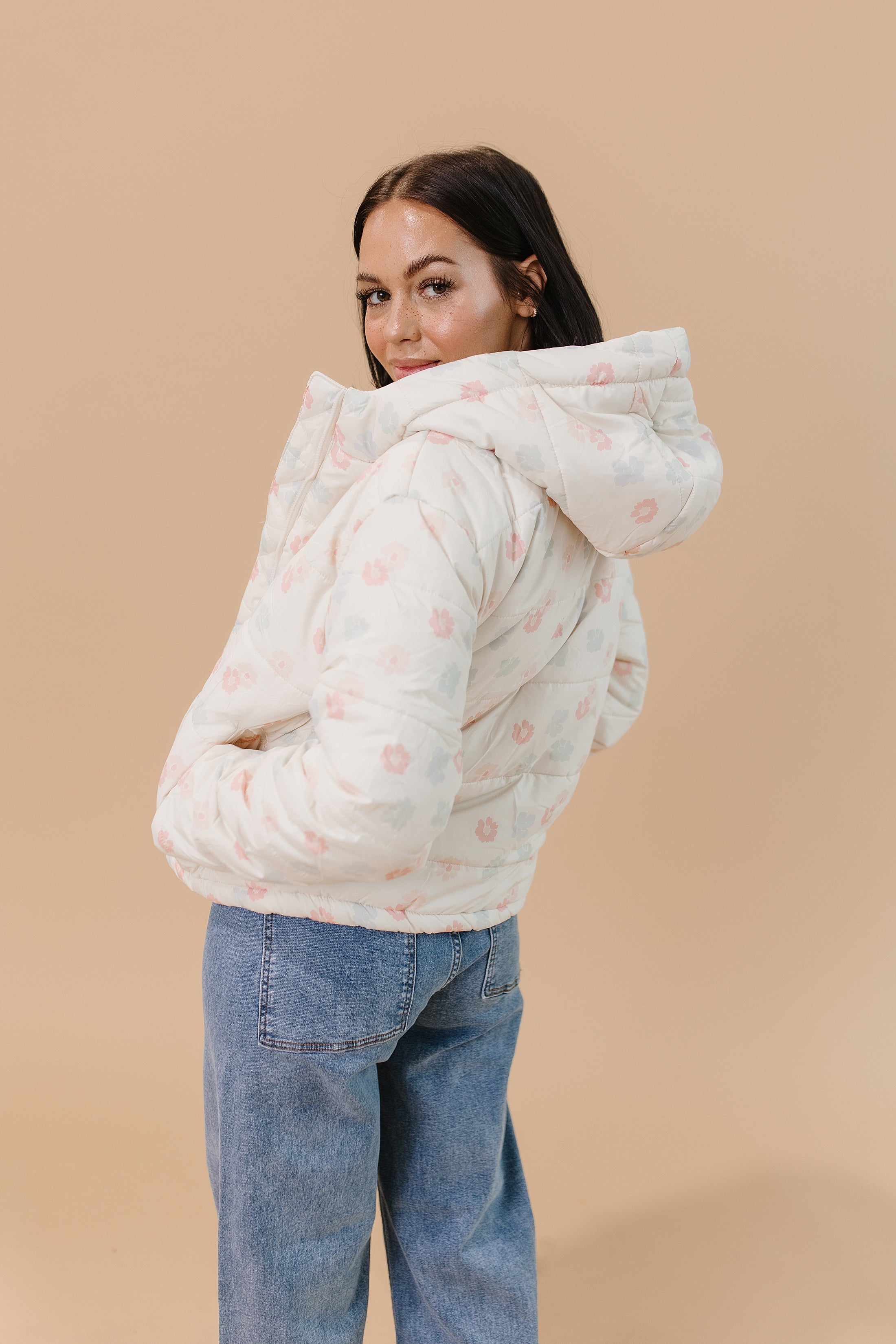 Womens floral puffer top coat